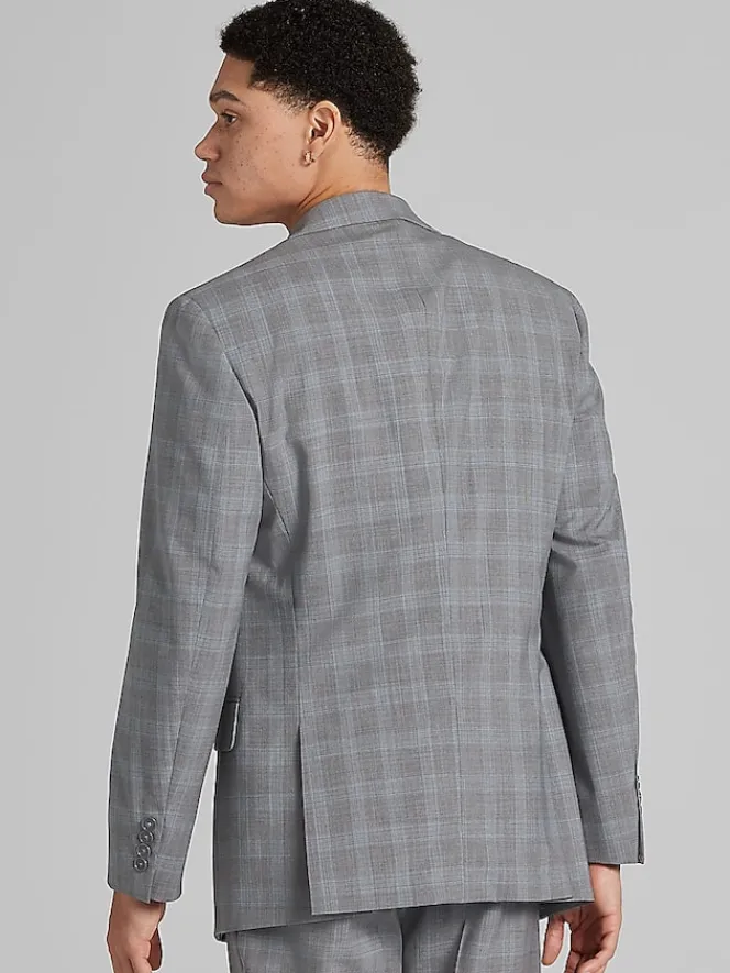 Suit Separates|3-piece Suits-Calvin Klein Slim Fit Wool Blend Suit Jacket Grey/Blue Plaid