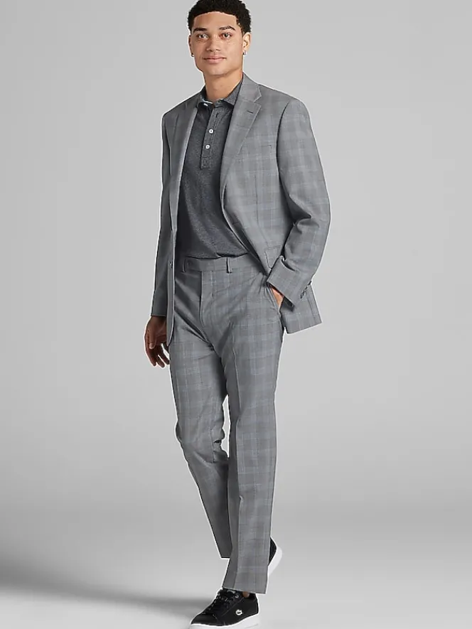 Suit Separates|3-piece Suits-Calvin Klein Slim Fit Wool Blend Suit Jacket Grey/Blue Plaid