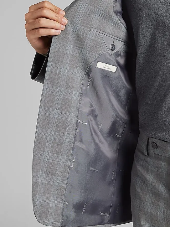 Suit Separates|3-piece Suits-Calvin Klein Slim Fit Wool Blend Suit Jacket Grey/Blue Plaid