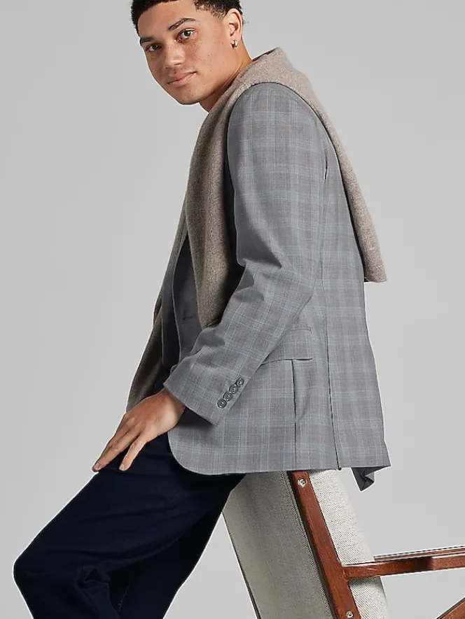 Suit Separates|3-piece Suits-Calvin Klein Slim Fit Wool Blend Suit Jacket Grey/Blue Plaid
