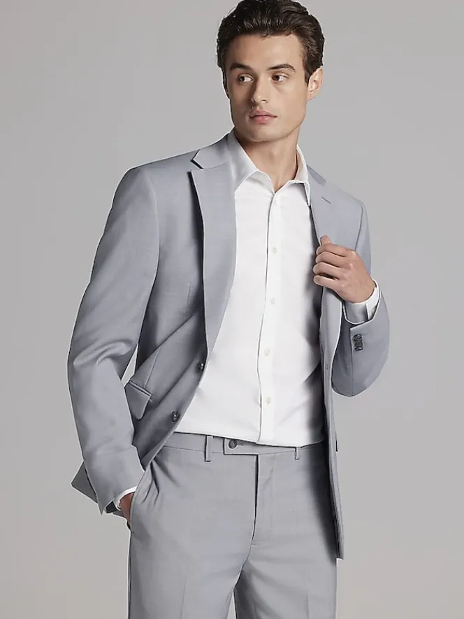 3-piece Suits|Suit Separates-Calvin Klein Slim Fit Wool Blend Suit Jacket Light Gray Sharkskin