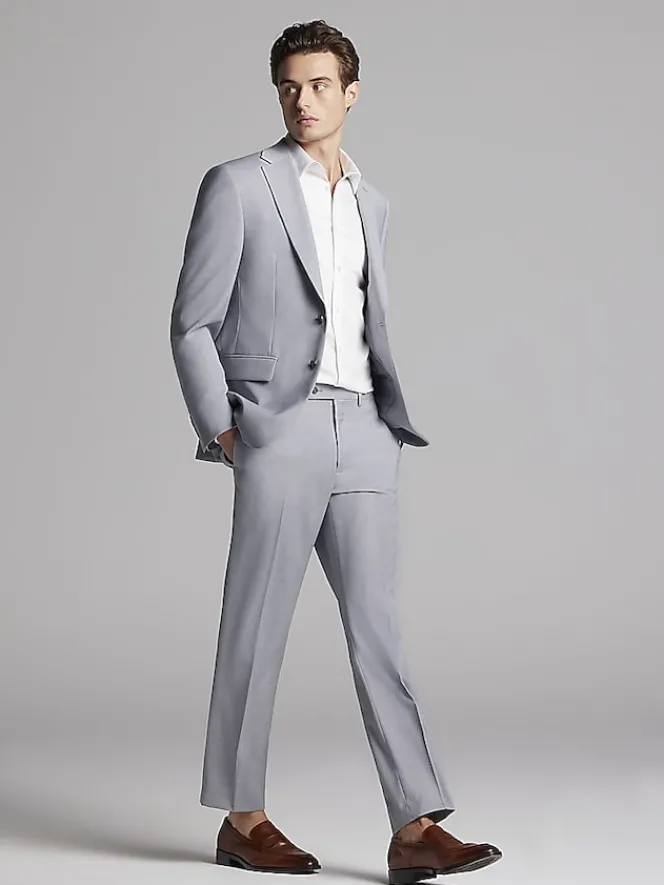3-piece Suits|Suit Separates-Calvin Klein Slim Fit Wool Blend Suit Jacket Light Gray Sharkskin
