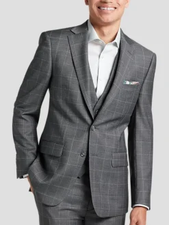 Suit Separates|3-piece Suits-Calvin Klein Slim Fit Wool Blend Windowpane Suit Jacket Med Gray Windowpane