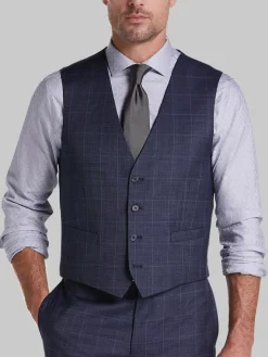Big & Tall Suits|Vests-Calvin Klein Slim Fit Wool Blend Windowpane Suit Vest Navy Plaid