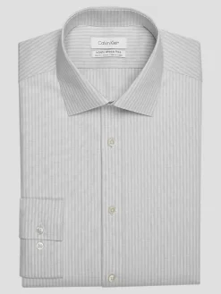 Patterned Dress Shirts|Designer Dress Shirts-Calvin Klein Slim Fit Wrinkle-Resistant Stripe Dress Shirt Gray Stripe