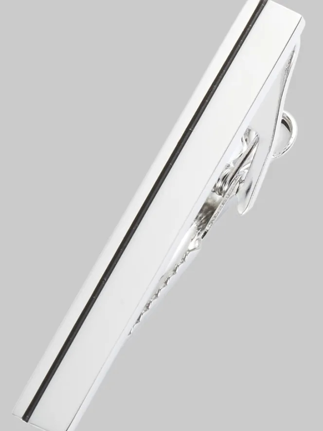 Jewelry|Tie Bars & Cufflinks-Pronto Uomo Stripe-Embellished Metal Tie Bar Silver