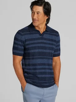 Sweaters|Casual Shop-Joseph Abboud Textured Plaid Stripe Johnny Polo Sweater Natural