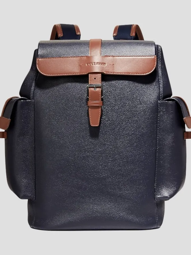 Travel & Luggage-Cole Haan Triboro Leather Rucksack Backpack Navy/Tan