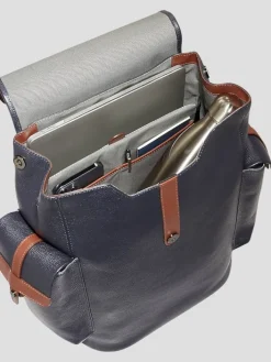 Travel & Luggage-Cole Haan Triboro Leather Rucksack Backpack Navy/Tan