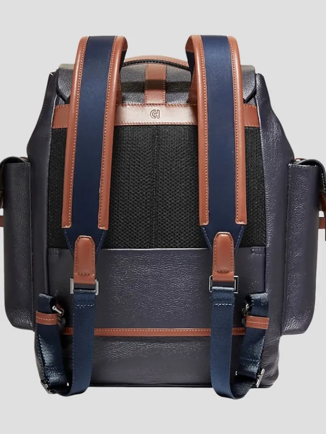 Travel & Luggage-Cole Haan Triboro Leather Rucksack Backpack Navy/Tan