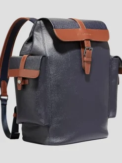 Travel & Luggage-Cole Haan Triboro Leather Rucksack Backpack Navy/Tan